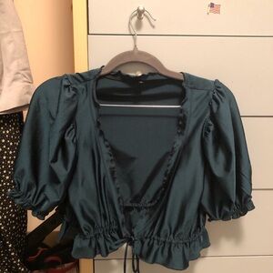 Peasant sleeve silk teal top. Tie in front